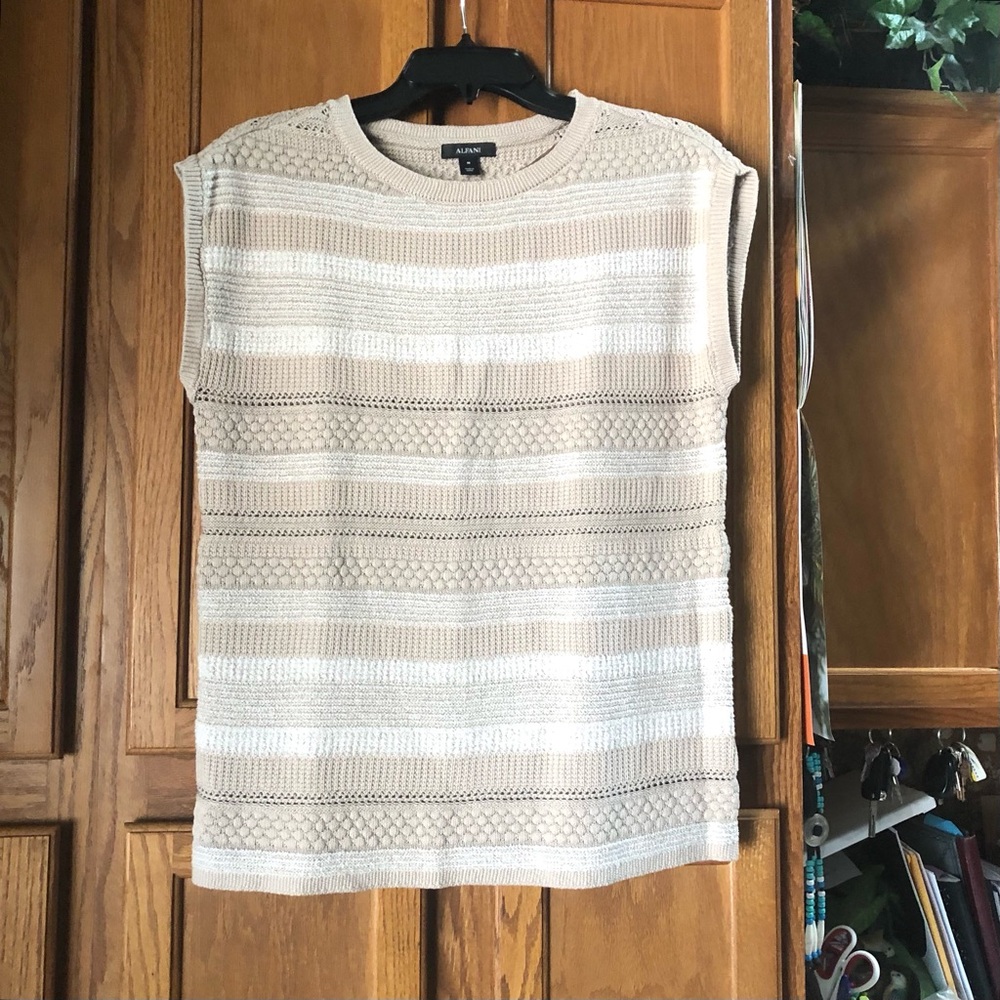 ALFANI Gold Metallic Striped Cap Sleeve Sweater Contemporary Chic Bohemian - M